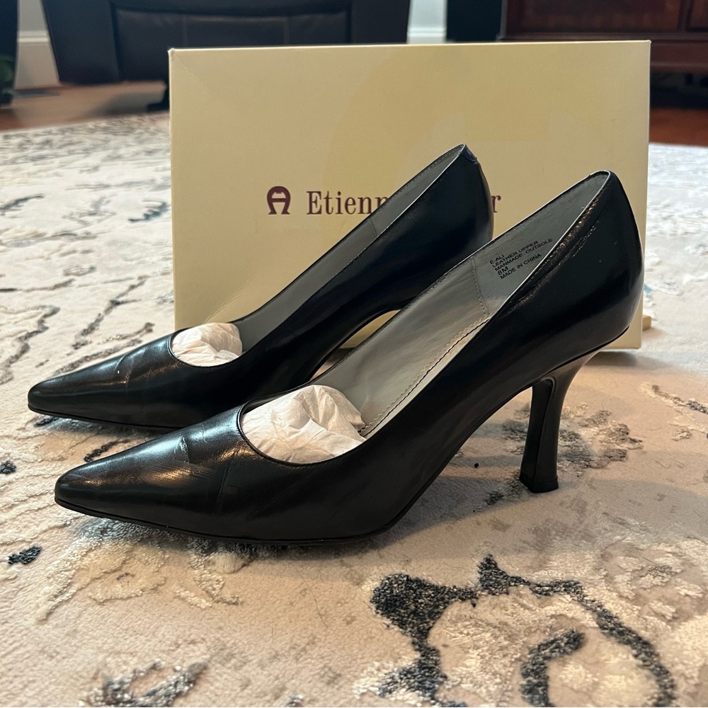 Etienne Aigner Classic Leather Pointed Toe Black Heel